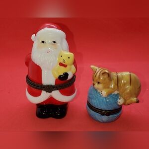 2 Vintage Porcelain Gift Boxes - Santa Claus and a Kitten 😸 on a Ball of Yarn